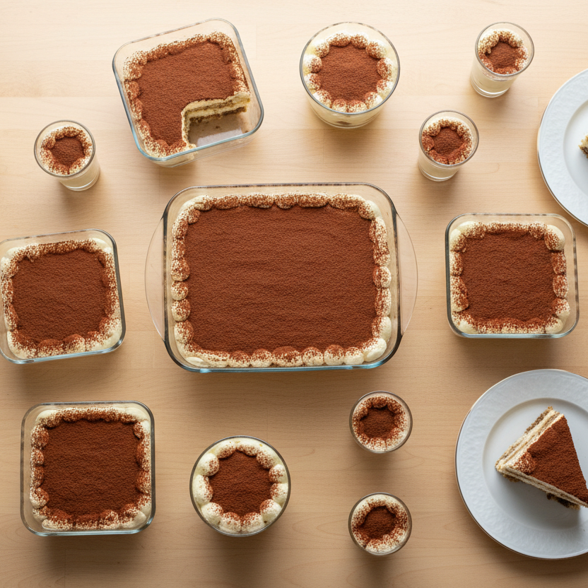 create a photo with many various tiramisu in various sizes