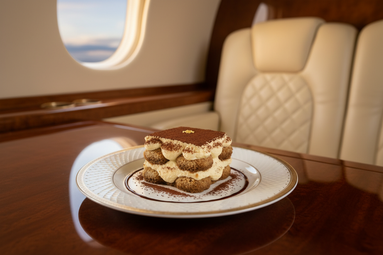 image of a tiramisu plate inside of a private jet