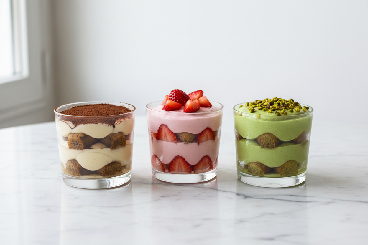 only 3 tiramisu: one classic, one with straberries, one with pistacchio. No coffes or anything