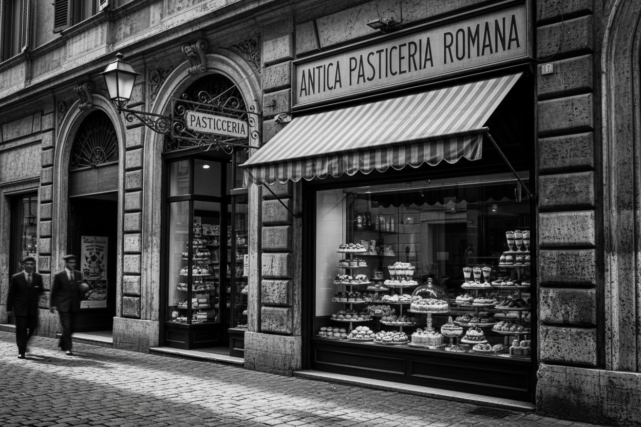 rome black and white photo of a bakery