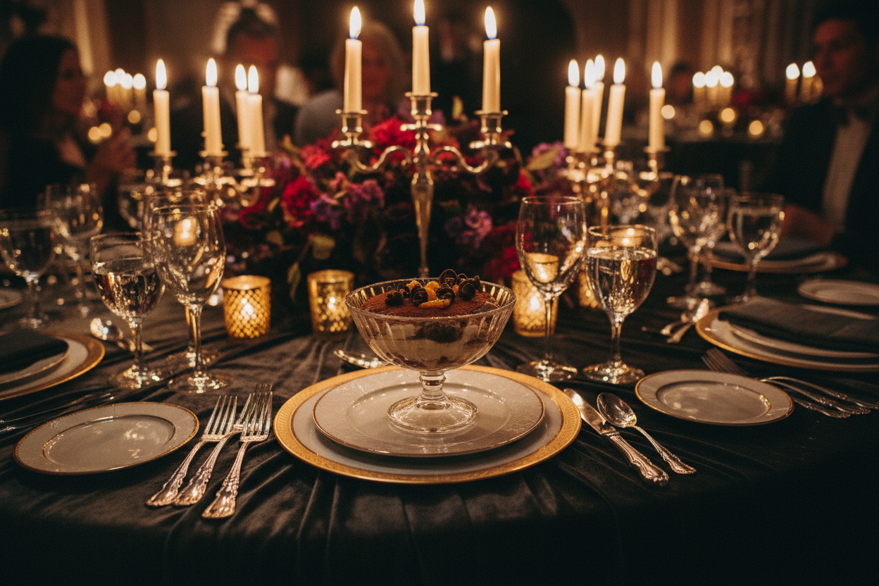 tiramisu at a luxurious table at event, darker image
